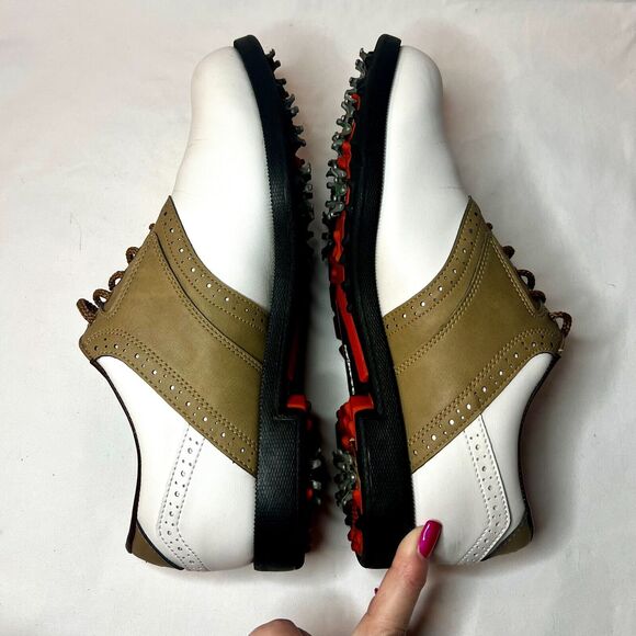FootJoy Greenjoys Golf Shoes Mens Sz 8.5W White and Tan Lace Spikes Athletic - Picture 11 of 11